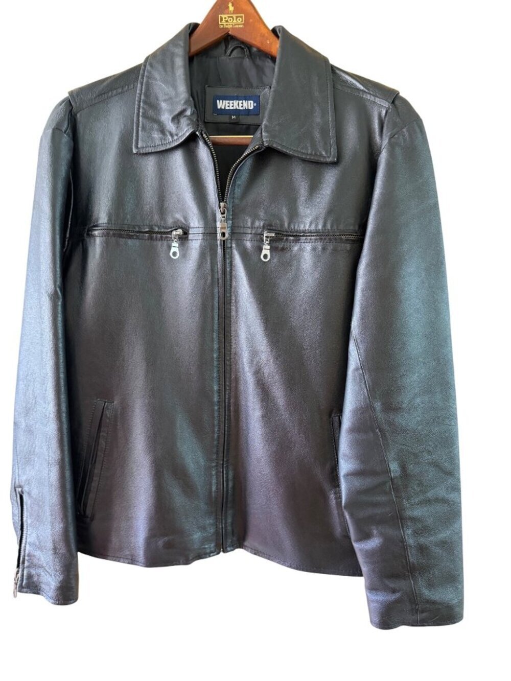 Weekend Mens Leather Moto Jacket Size M Black Zipper Front Minimalist Vintage
